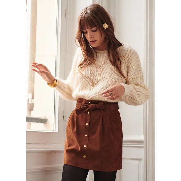 Sezane Tesse Suede Mini Skirt Brown Paper Bag Tie Waist Brown - Picture 7 of 7